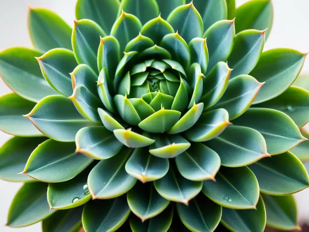 Detalle de una exuberante suculenta verde con patrones e texturas, sobre fondo blanco