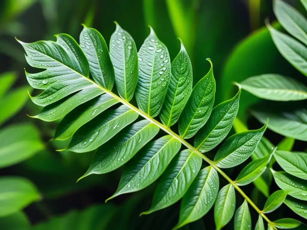 Detalle de exuberantes plantas tropicales verdes con patrones intrincados en las hojas, cubiertas de rocío