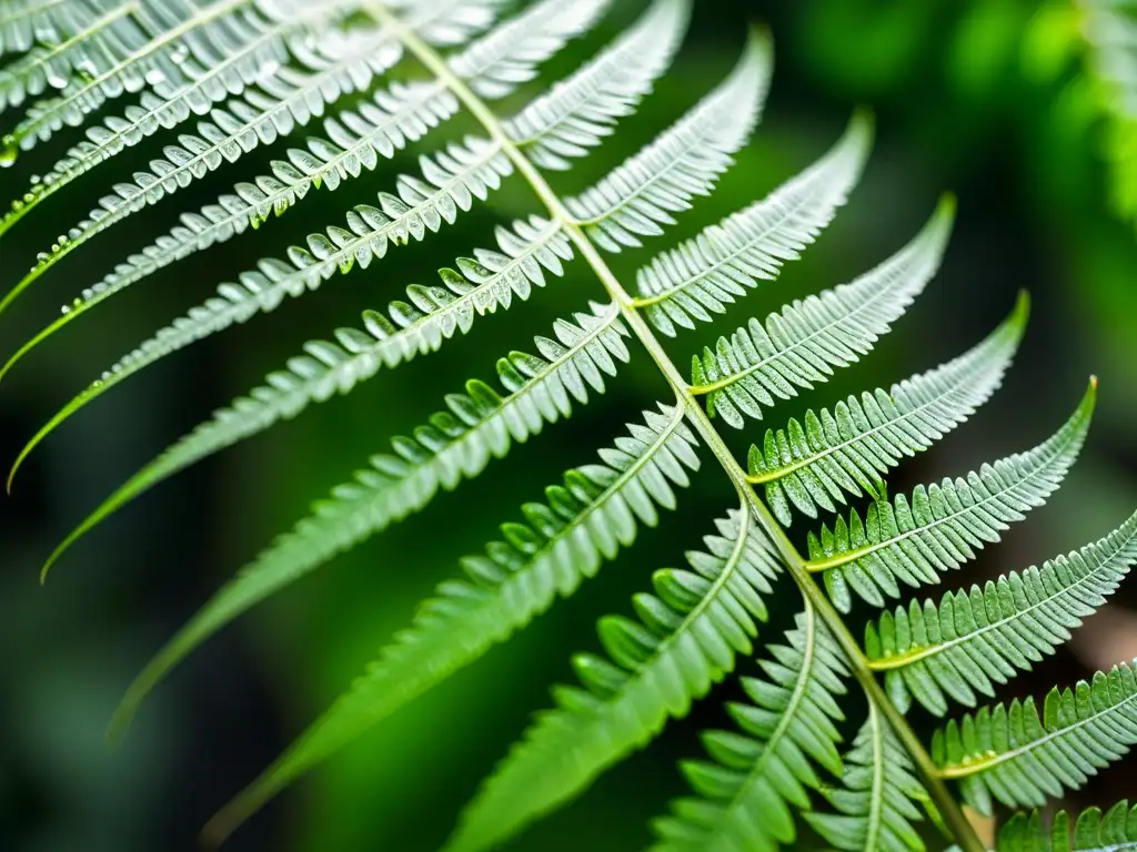 Detalle fascinante de un helecho verde exuberante con gotas de agua