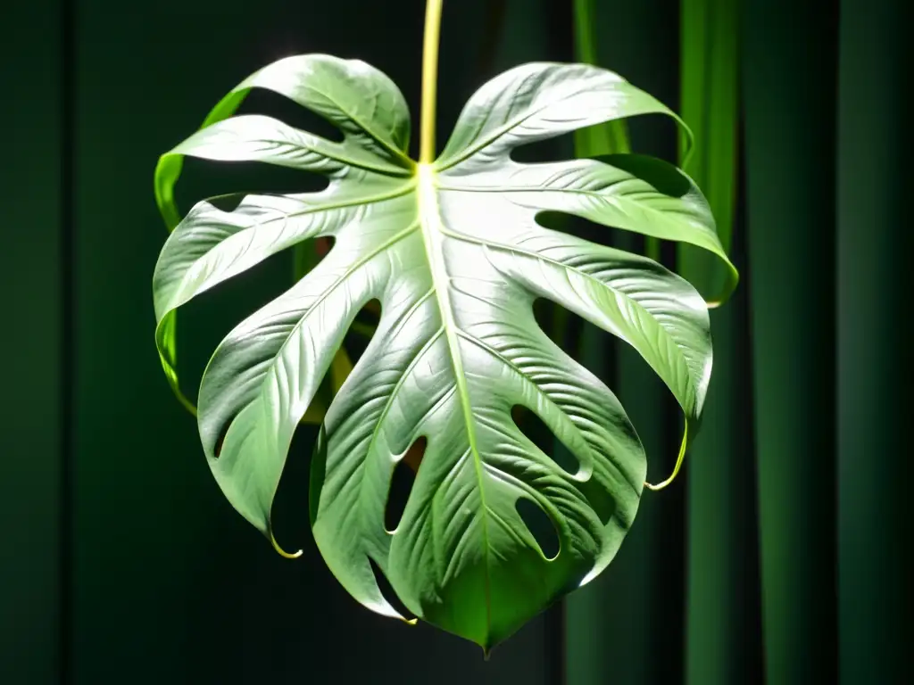 Detalle fascinante de hoja de monstera deliciosa verde, con luz solar filtrada