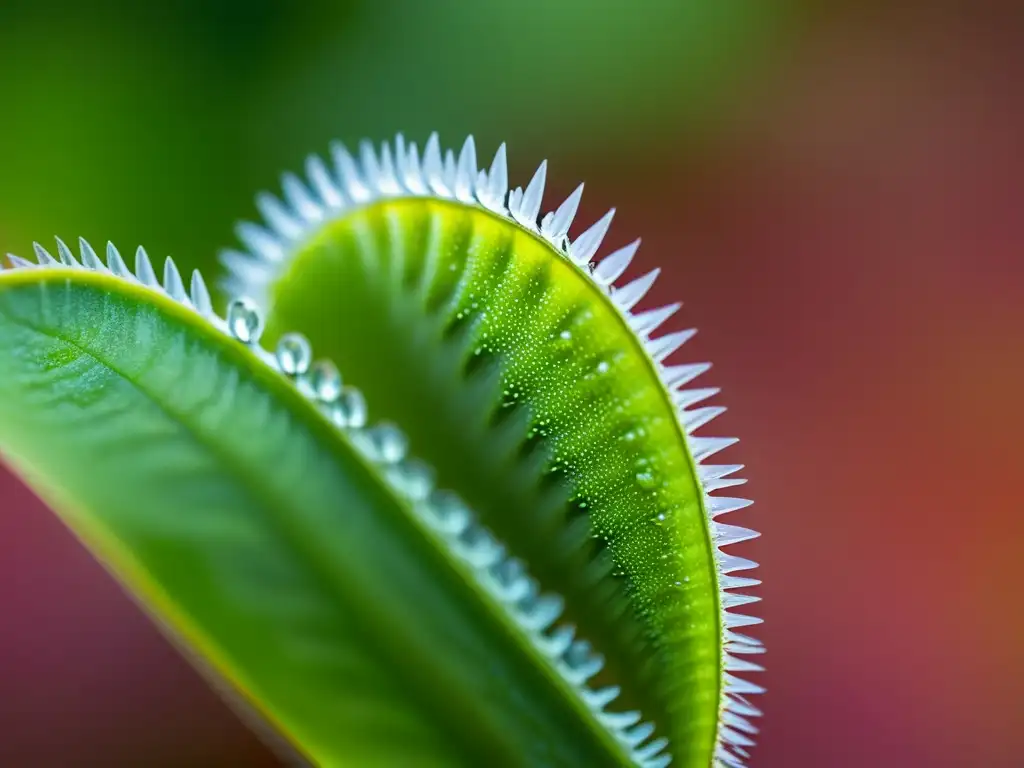 Detalle fascinante de una planta carnívora verde con una gota de rocío, capturando su belleza única