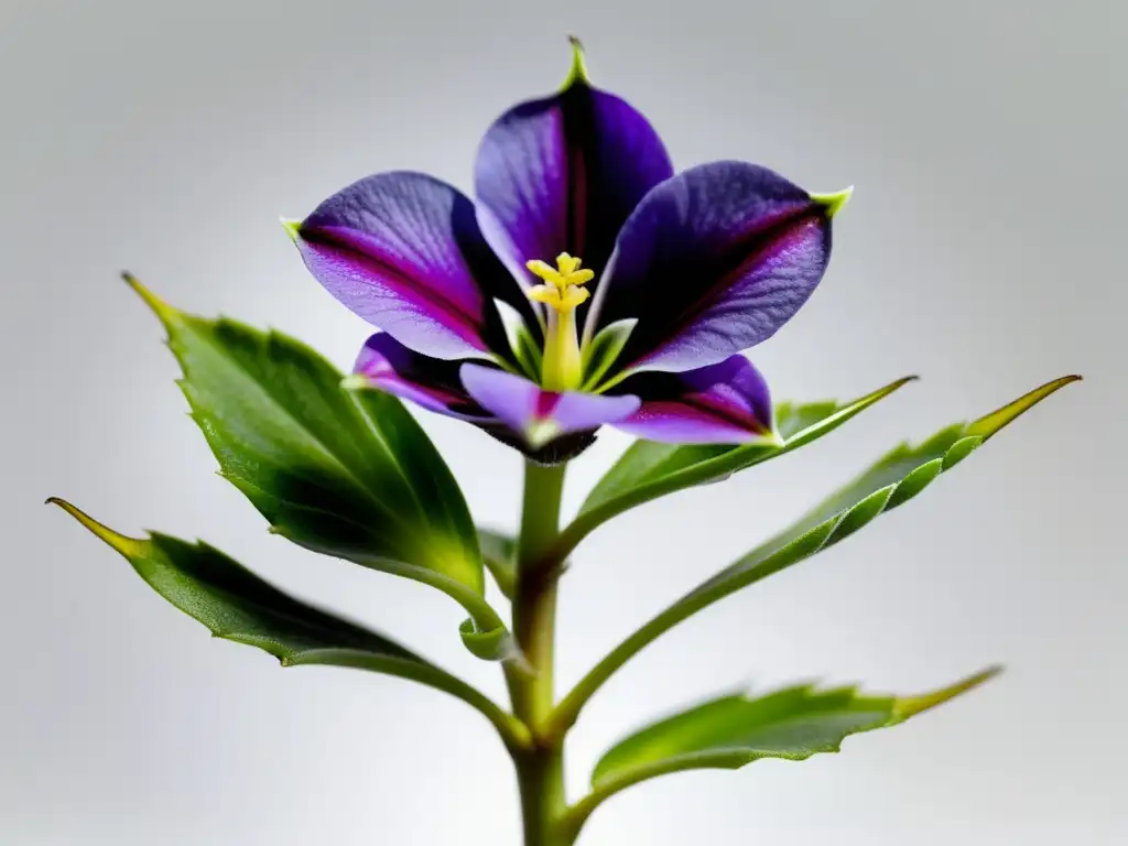 Detalle fascinante de una planta Pinguicula carnívora en un fondo blanco, con sus hojas glandulares capturando insectos