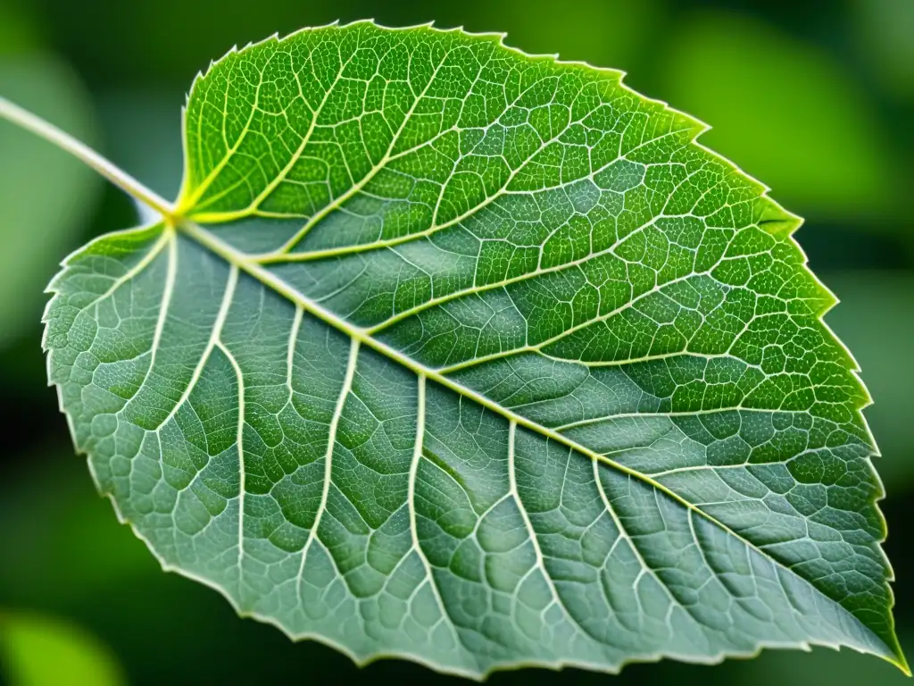 Detalle fascinante de las venas en una hoja verde iluminada, mostrando la complejidad y belleza natural