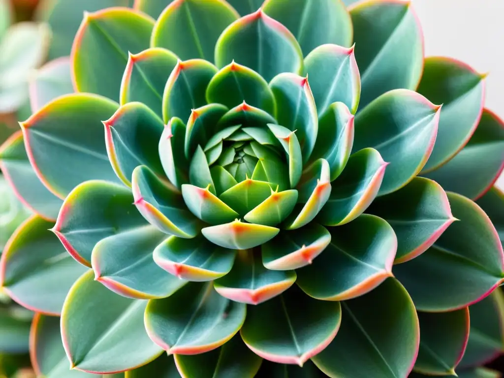 Detalle fascinante de un cactus Echeveria vibrante en un fondo blanco, resaltando sus texturas e intrincados patrones