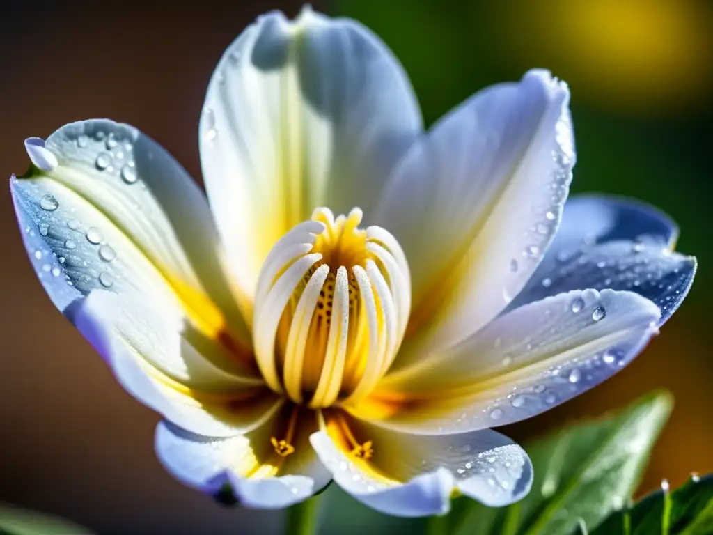 Detalle de una flor recién florecida con gotas de rocío, bajo la suave luz matutina