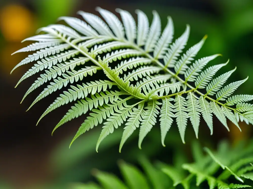 Detalle de germinación de esporas de helechos, con patrón intrincado en una fronda verde borrosa, iluminada por luz natural