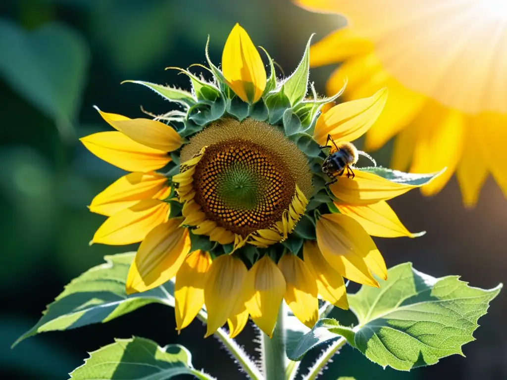 Detalle de un girasol vibrante en el jardín comunitario, atrayendo polinizadores con su belleza y luz solar