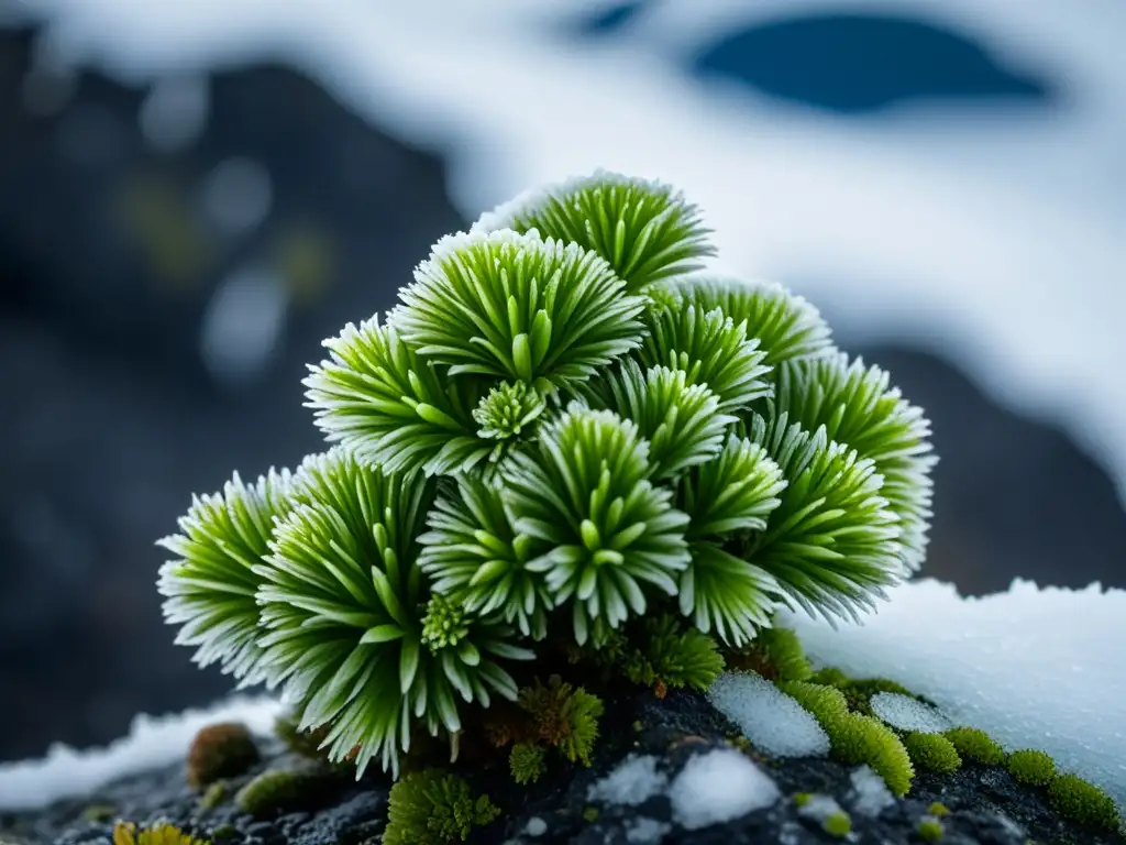 Detalle de musgo helado en paisaje antártico, mostrando la belleza frágil de plantas exóticas para interiores fríos