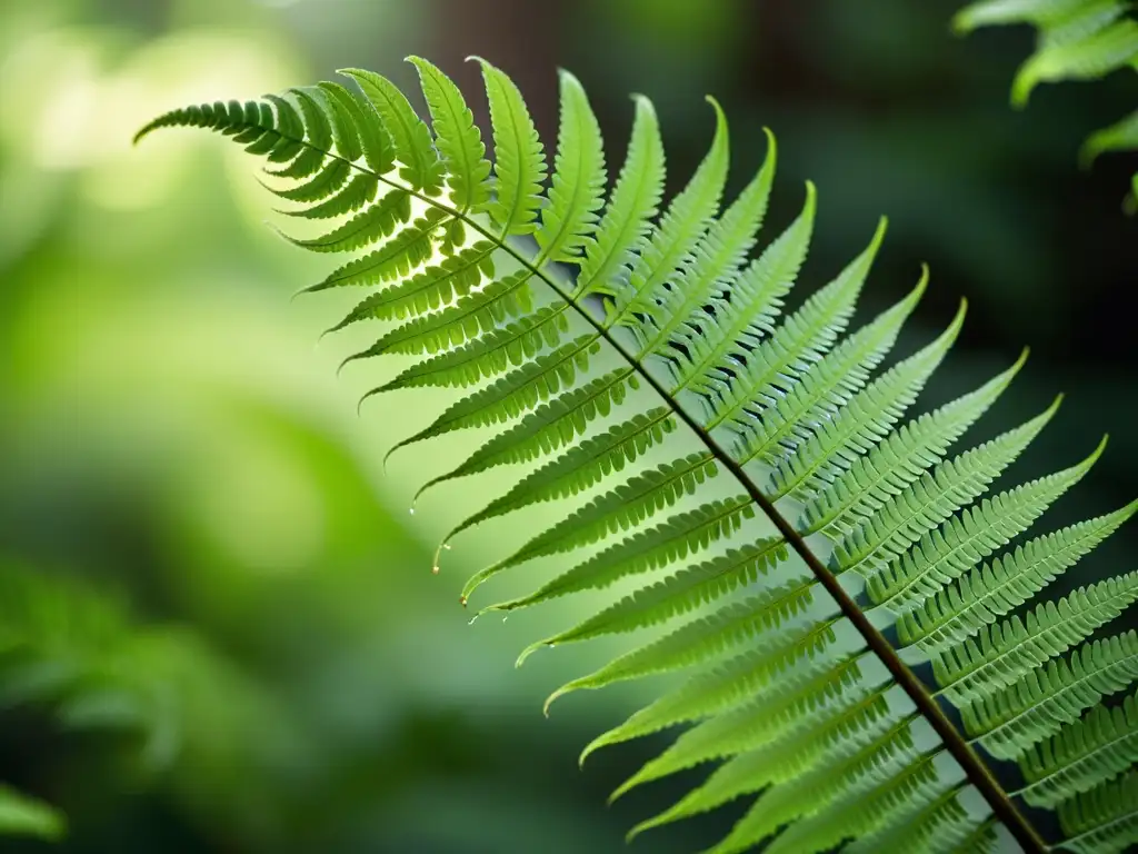 Detalle de helecho en bosque con frondas delicadas y luz suave, perfecto para aclimatar plantas a poca luz