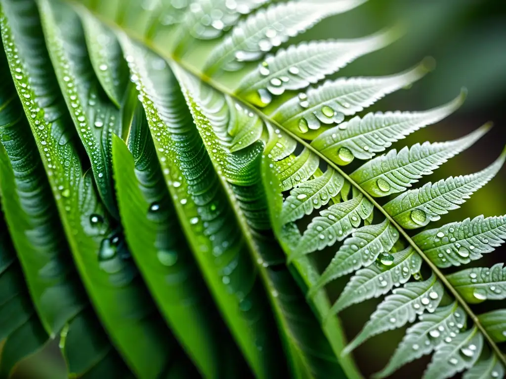 Detalle de helecho cubierto de gotas de agua, con patrones e texturas visibles