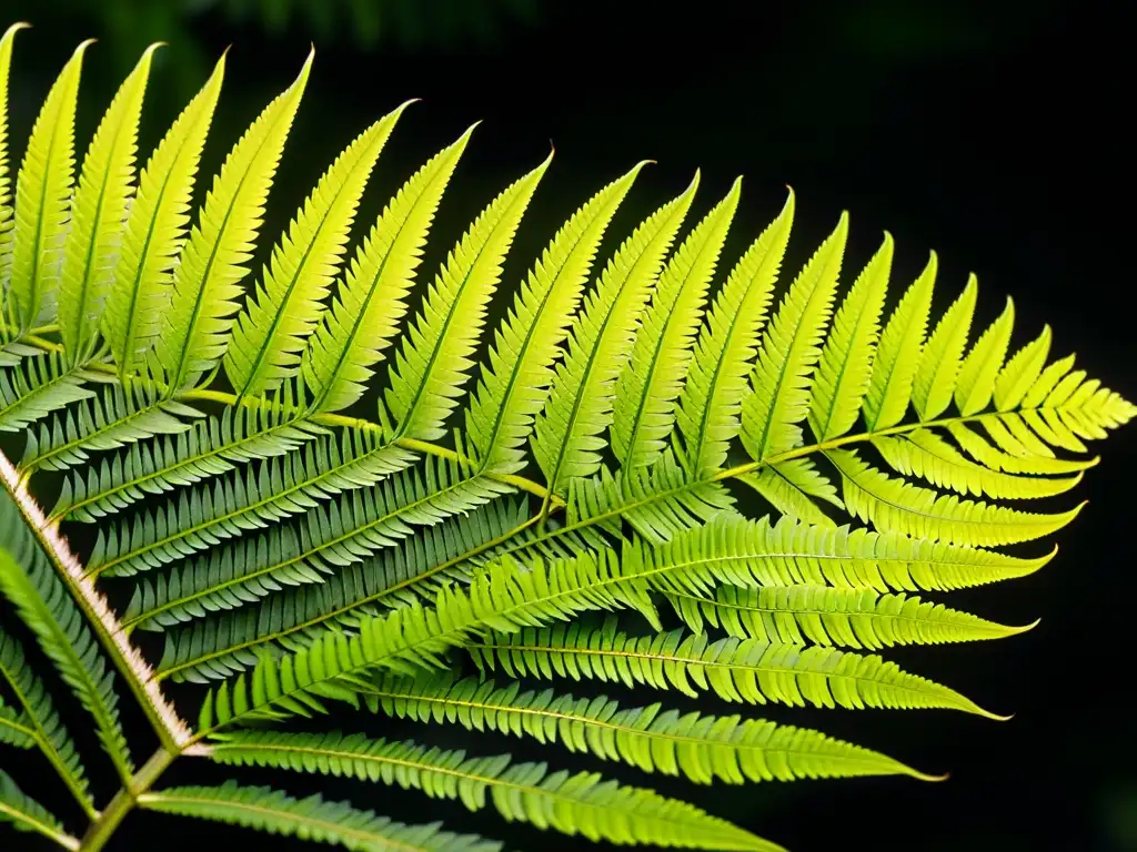 Detalle de helecho raro en interior, exquisita belleza verde y texturas delicadas resaltan en la tierra oscura