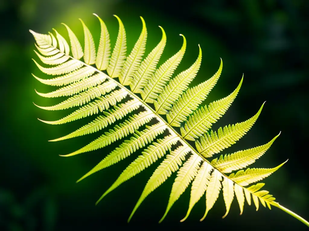 Detalle de helecho verde mostrando adaptaciones de plantas a poca luz en su patrón de frondas y absorción de luz tenue