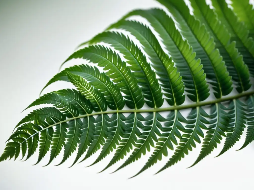 Detalle de un helecho verde desplegándose en un fondo blanco, evocando la frescura y calma de los helechos en el Feng Shui