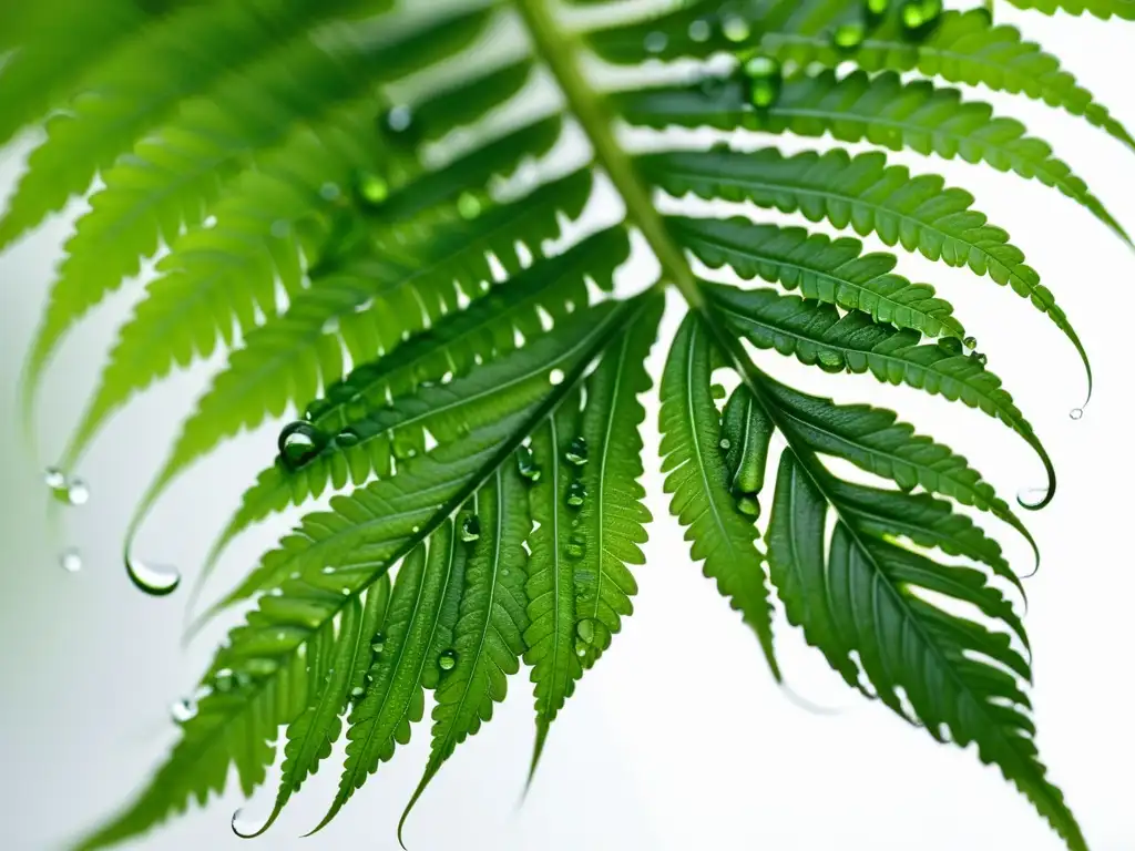 Detalle de helecho verde desplegándose con gotas de agua, ideal para consejos álbum fotográfico plantas interior