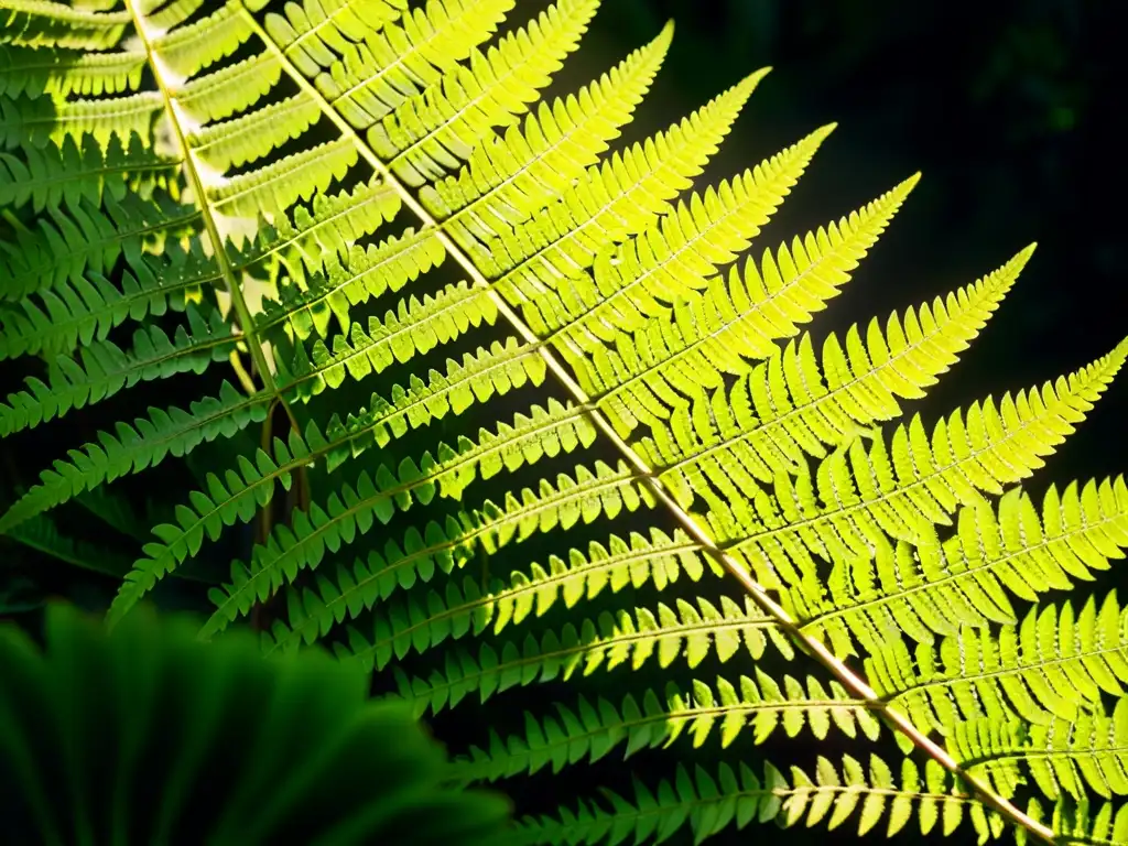 Detalle de helecho verde iluminado por sombras y luces, resaltando su belleza natural