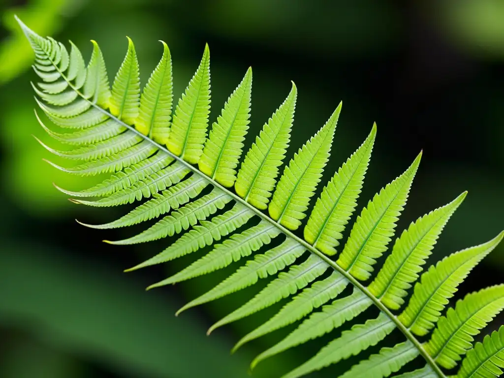 Detalle de la reproducción de helechos raros: hoja desplegándose con patrones intrincados y verde vibrante, en un fondo suave y difuminado