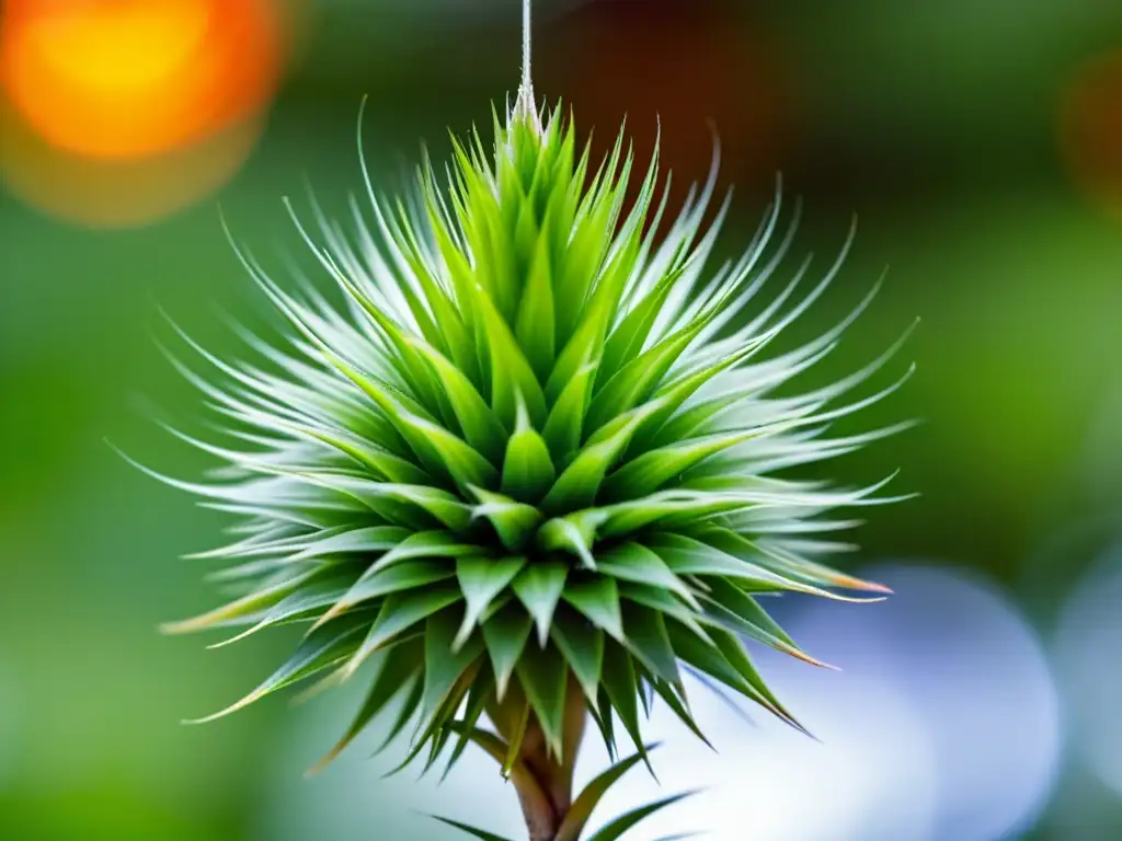 Detalle de una hermosa Tillandsia ionantha suspendida en el aire, resaltando su belleza etérea