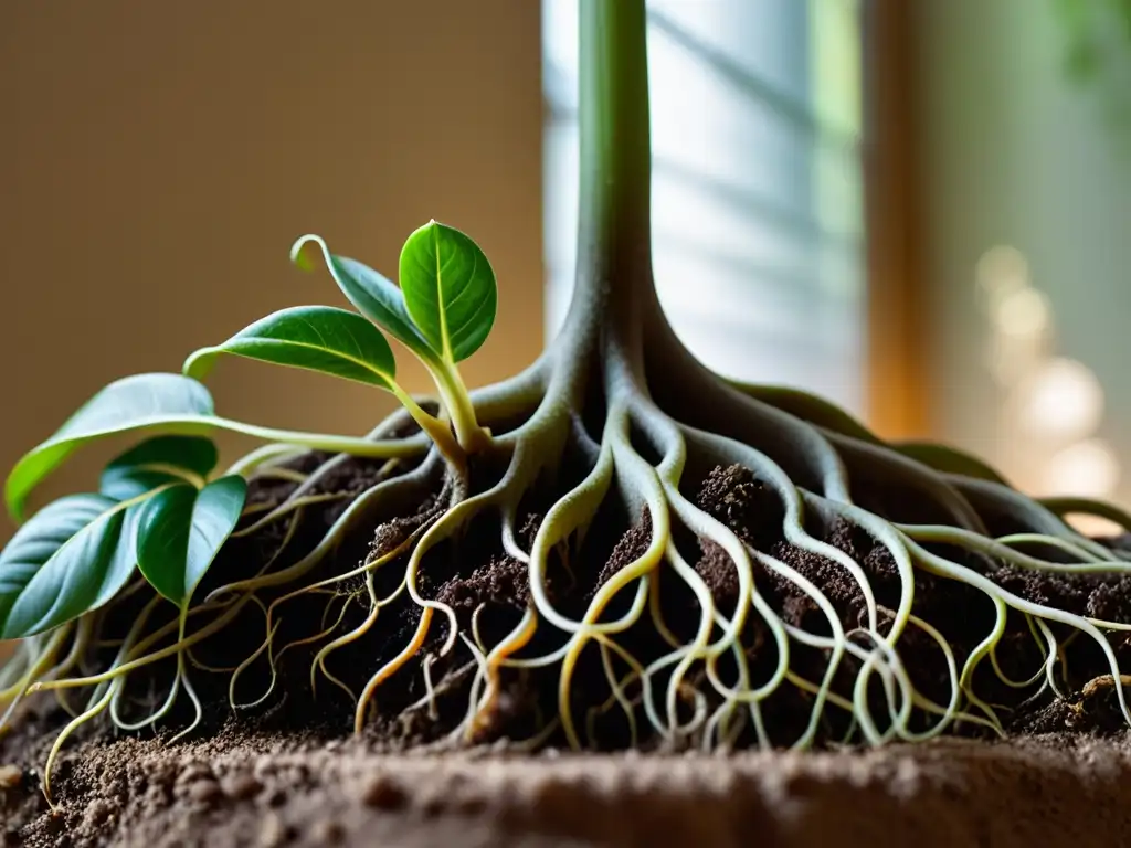 Detalle de las hermosas raíces de una planta en la tierra, bañadas en suave luz, mostrando su belleza natural