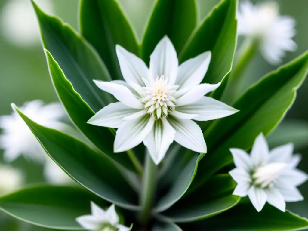 Detalle de un hermoso cultivo de Edelweiss en interiores, destacando sus delicados pétalos blancos y hojas plateadas