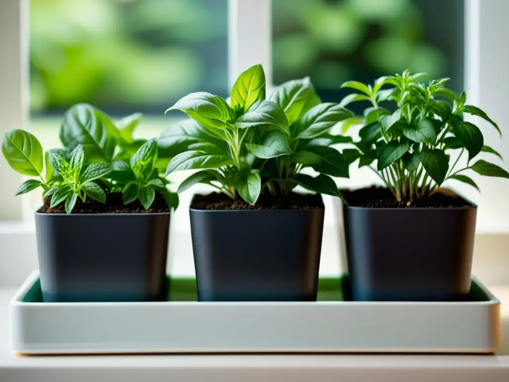 Detalle de minijardín de hierbas aromáticas interior con basil, perejil, tomillo y romero en macetas modernas, iluminado por luz natural