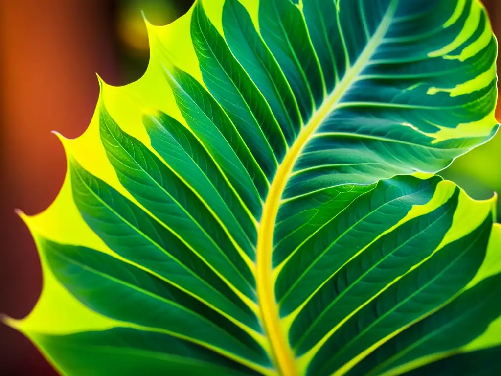 Detalle de una hoja de Calathea iluminada, mostrando sus patrones únicos y delicada belleza