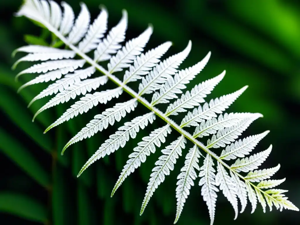 Detalle de una hoja de helecho cubierta de cristales de escarcha, resaltando la belleza y resistencia de las plantas de interior resistentes al frío