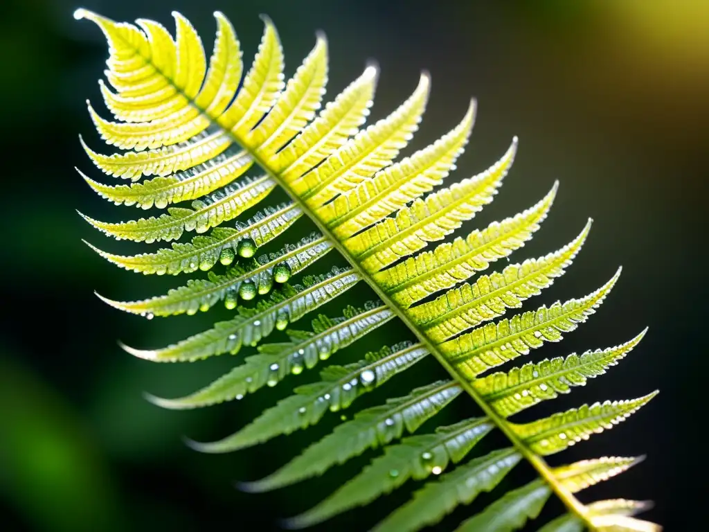 Detalle de una hoja de helecho cubierta de gotas de agua, iluminada por luz suave, creando un efecto de arcoíris