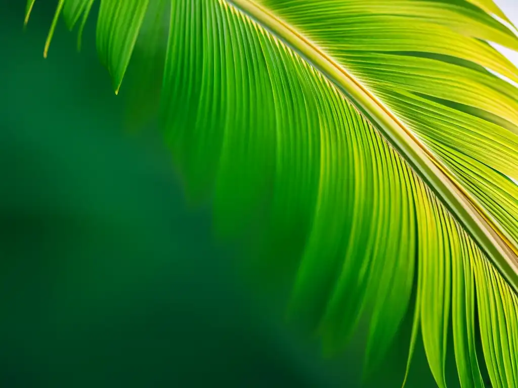 Detalle de una hoja de Kentia Palm, exquisita textura y color verde vibrante, evocando la elegancia natural