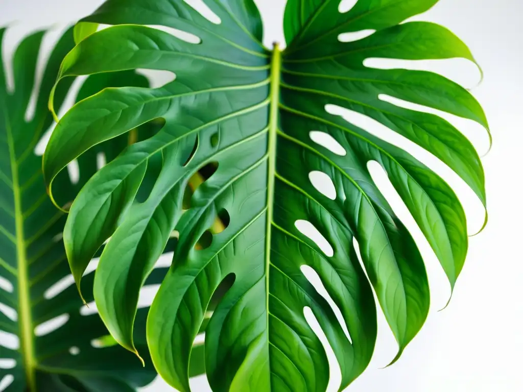 Detalle de una hoja exuberante de monstera deliciosa, con patrones intrincados y textura delicada