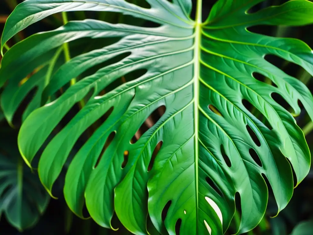 Detalle de una hoja exuberante de monstera deliciosa, mostrando sus patrones y texturas