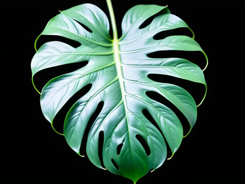 Detalle de una hoja exuberante de monstera deliciosa iluminada por luz natural, resaltando su belleza única