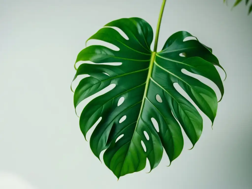 Detalle de una hoja exuberante de monstera deliciosa en un fondo blanco, resaltando su belleza natural