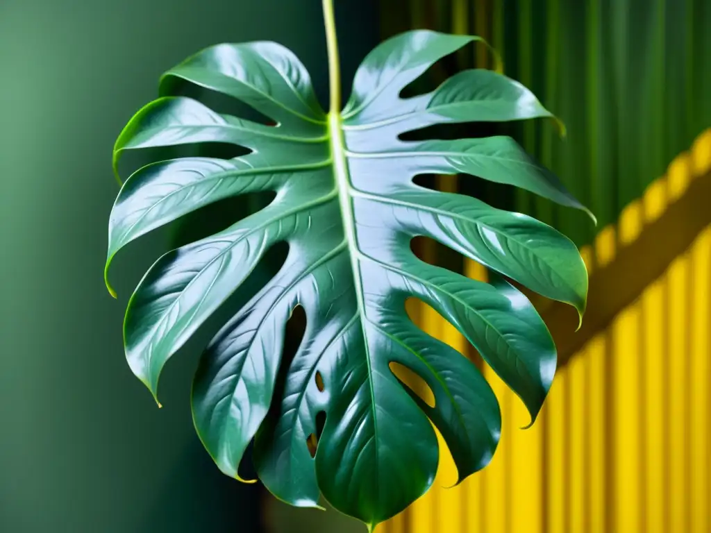 Detalle de una hoja exuberante y verde de monstera deliciosa, reflejando su belleza natural y el significado espiritual de las plantas de interior