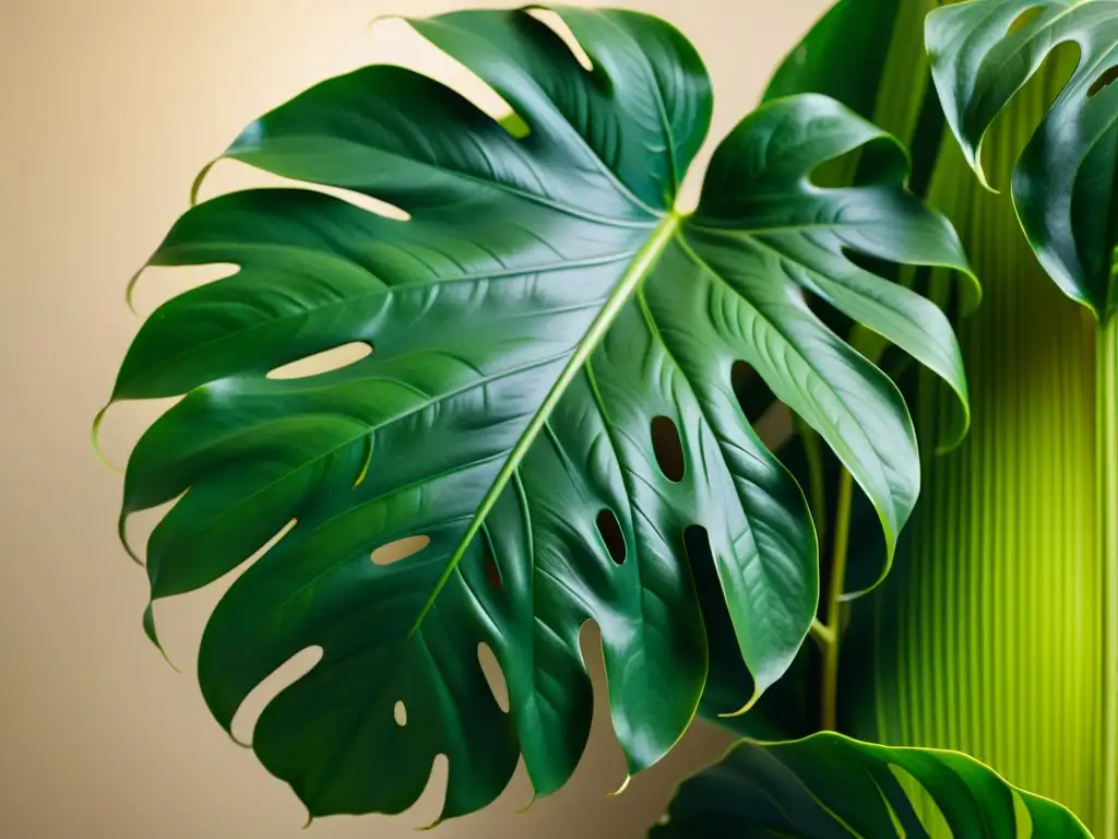 Detalle de una hoja exuberante y verde de monstera deliciosa, con patrones y texturas, beneficios de las plantas de interior