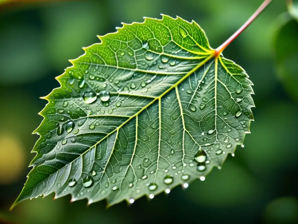 Detalle de una hoja con gotas de agua, iluminada suavemente, mostrando la belleza natural de la transpiración de plantas de interior