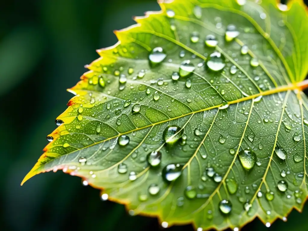 Detalle de hoja con gotas de rocío reflejando la luz y la vegetación, mostrando el efecto rociada plantas interior en una imagen fascinante