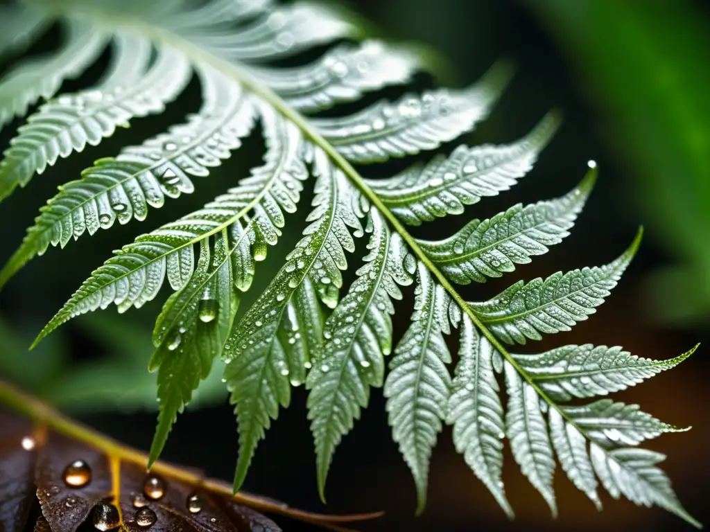 Detalle de una hoja de helecho con gotas de agua, reflejando la luz