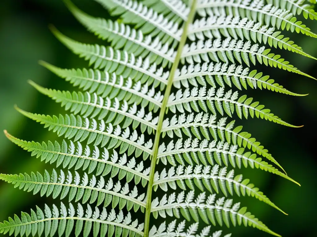 Detalle de hoja de helecho con patrones de esporas y venas, resaltando la belleza natural y la complejidad