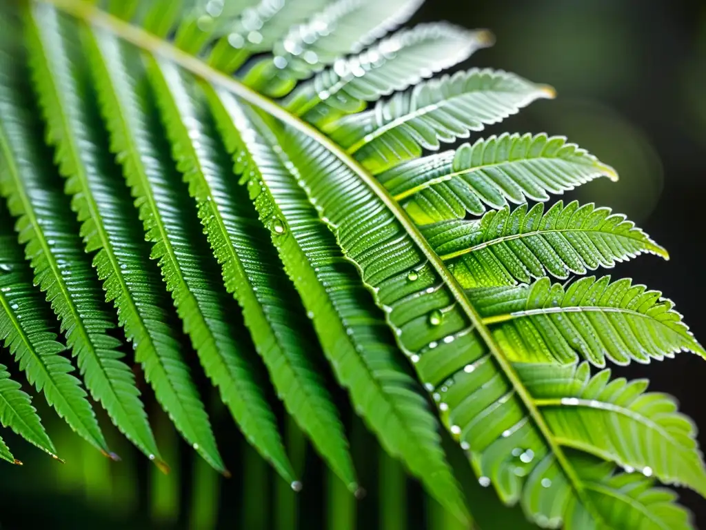 Detalle de una hoja de helecho verde con gotas de agua, iluminación en terrarios para plantas, evocando paz y belleza natural