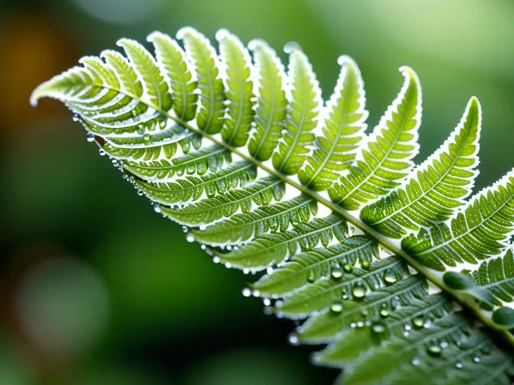 Detalle de hoja de helecho verde con gotas de agua, iluminada suavemente por la luz natural