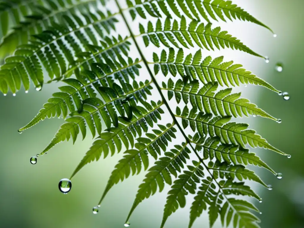 Detalle de una hoja de helecho verde con gotas de agua, ideal para personalizar alertas cuidado plantas interior