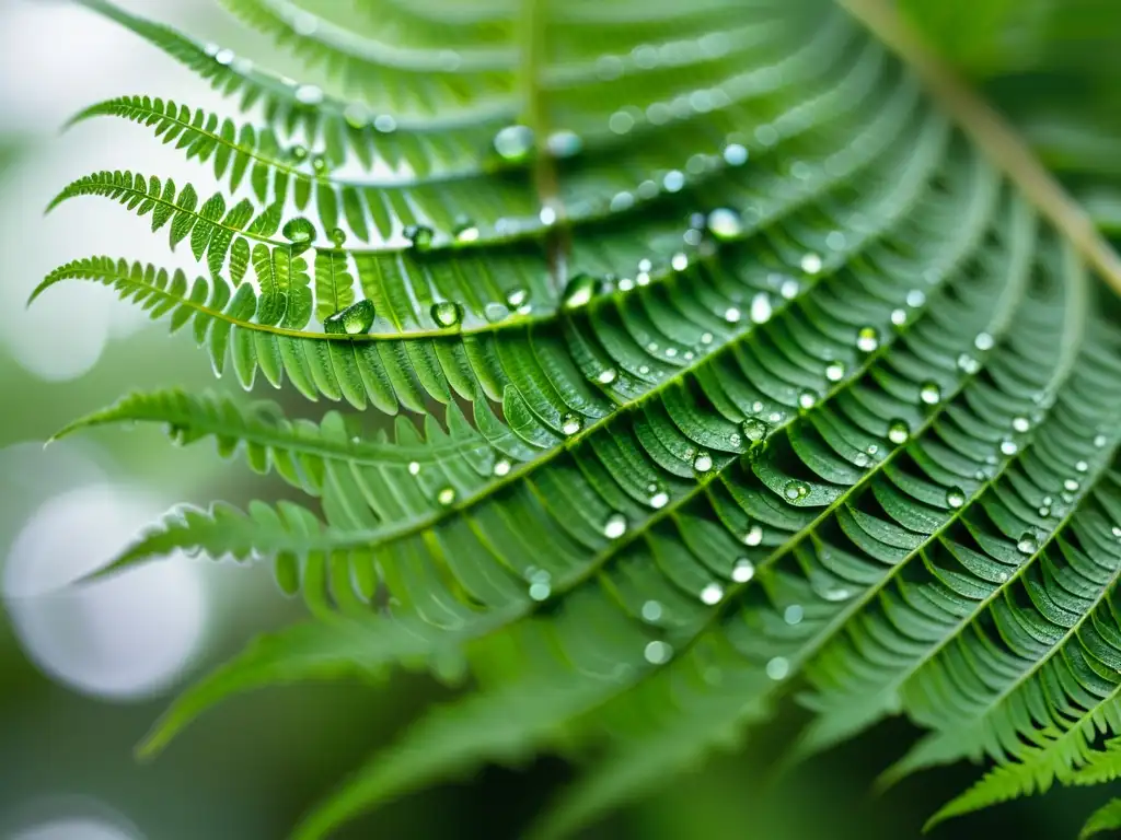 Detalle de una hoja de helecho verde exuberante con gotas de agua, evocando tranquilidad y conexión emocional con la naturaleza en plantas de interior