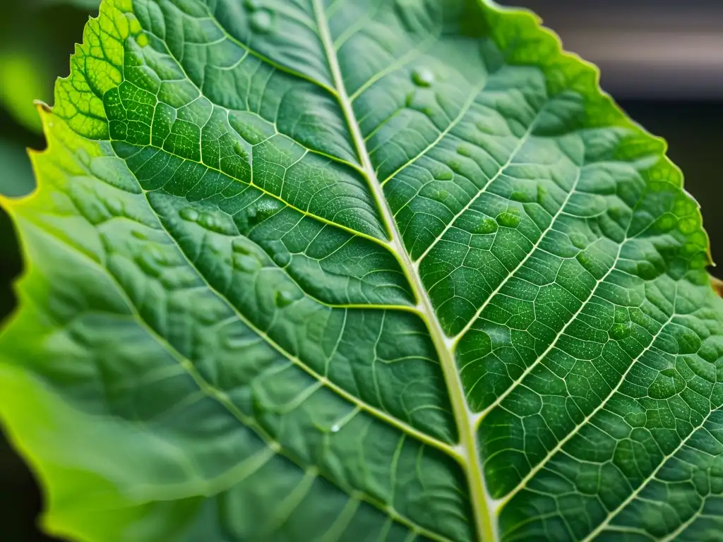 Detalle de hoja en hidroponía: texturas, venas y posibles plagas