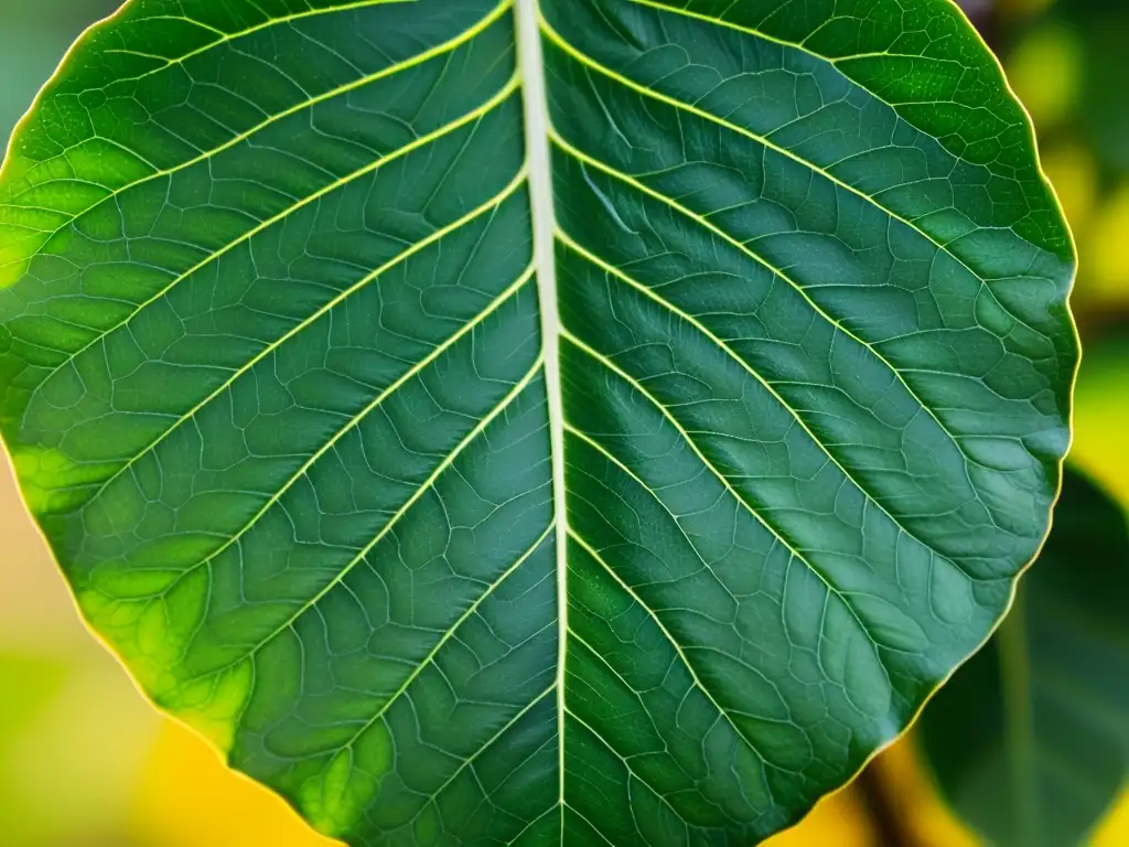 Detalle de hoja de Ficus Lyrata iluminada, resaltando sus venas y textura brillante