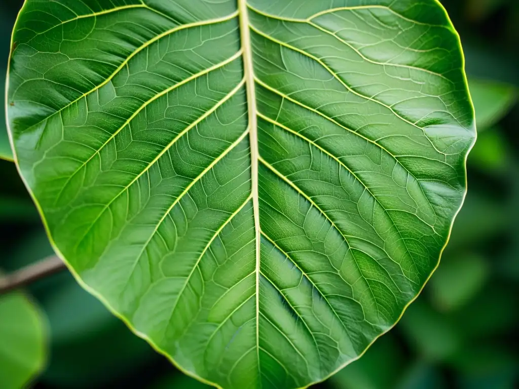 Detalle de una hoja de ficus filosófico interior resaltando su belleza natural y delicada red de venas verdes