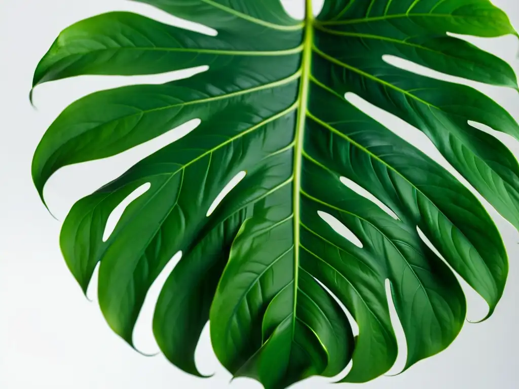 Detalle de hoja de Monstera deliciosa en fondo blanco, evocando serenidad