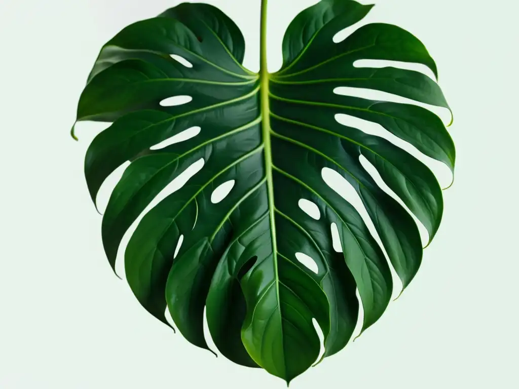 Detalle de una hoja de monstera deliciosa en un fondo blanco, perfecto para consejos de fotografía de plantas de interior