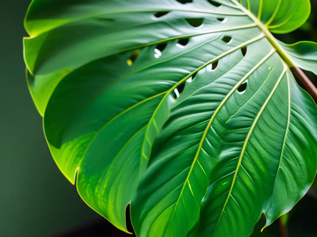 Detalle de una hoja de Monstera deliciosa iluminada por luz natural, revelando su belleza serena y sus intrincados secretos de cuidado