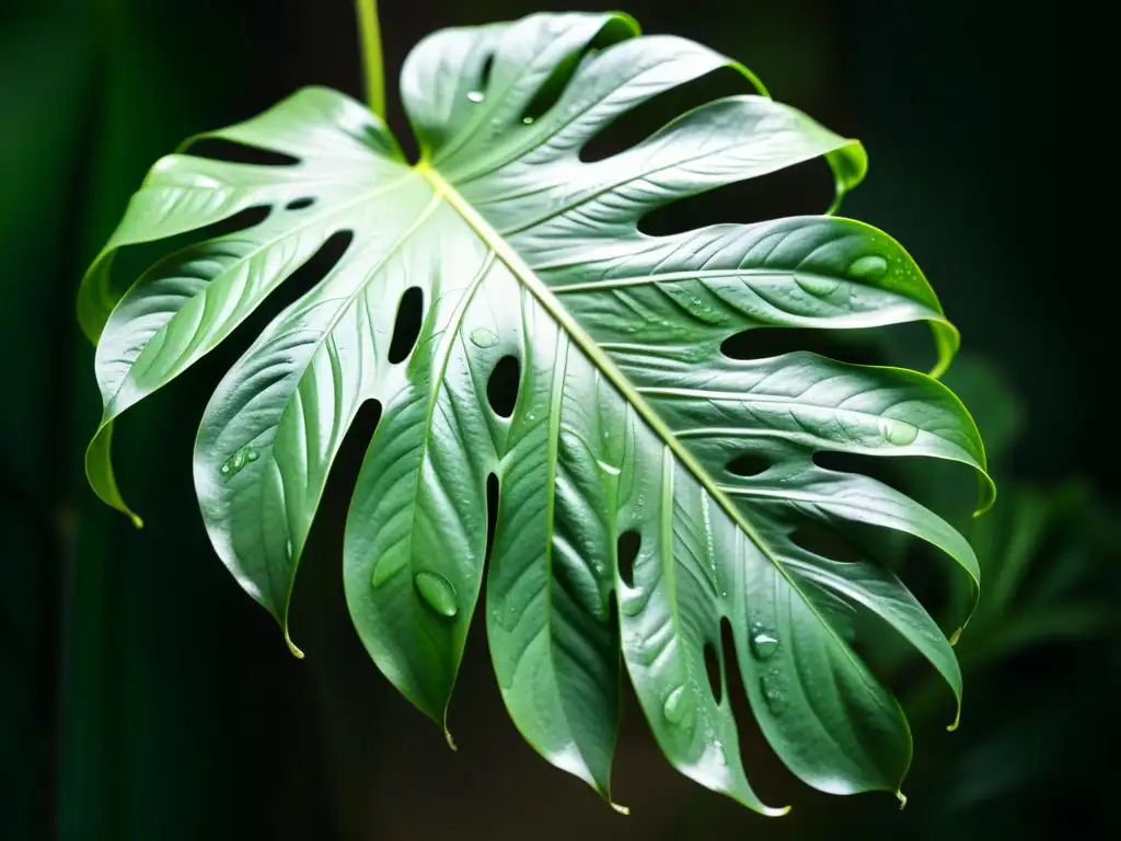 Detalle de hoja de monstera deliciosa con gotas de rocío