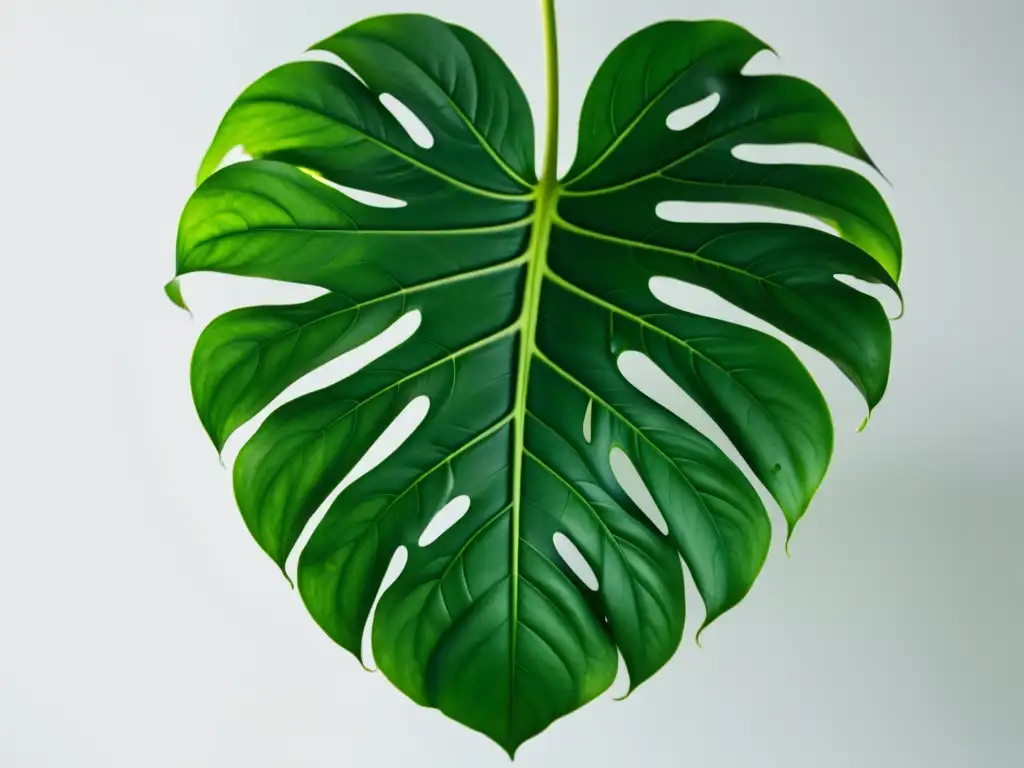 Detalle de hoja de Monstera deliciosa, revelando sus secretos de cuidado con sus perforaciones e intenso color verde sobre fondo blanco